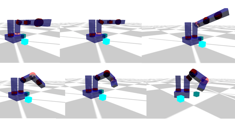 Robot arm mid-pose during a scripted joint-rotation dance sequence