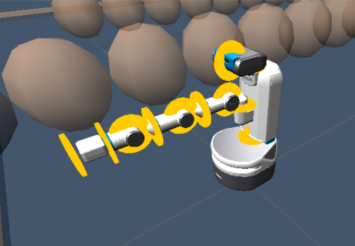 Forward kinematics rendering of the Fetch mobile manipulator with joint axes highlighted