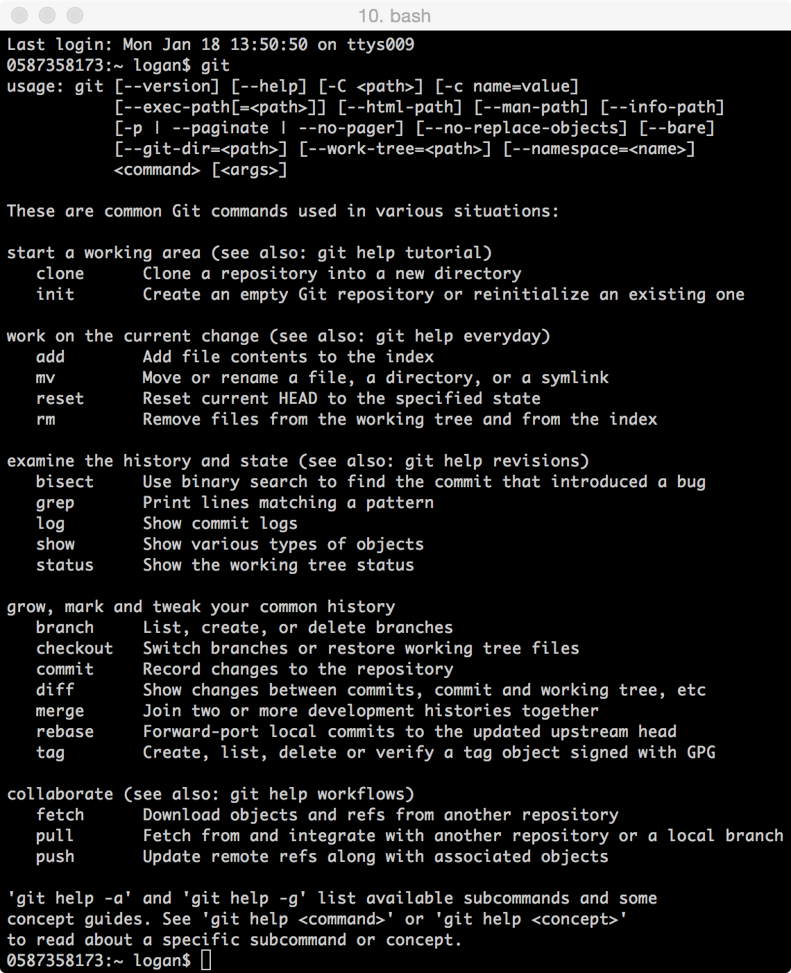 Screenshot of the git command's usage output in a macOS terminal