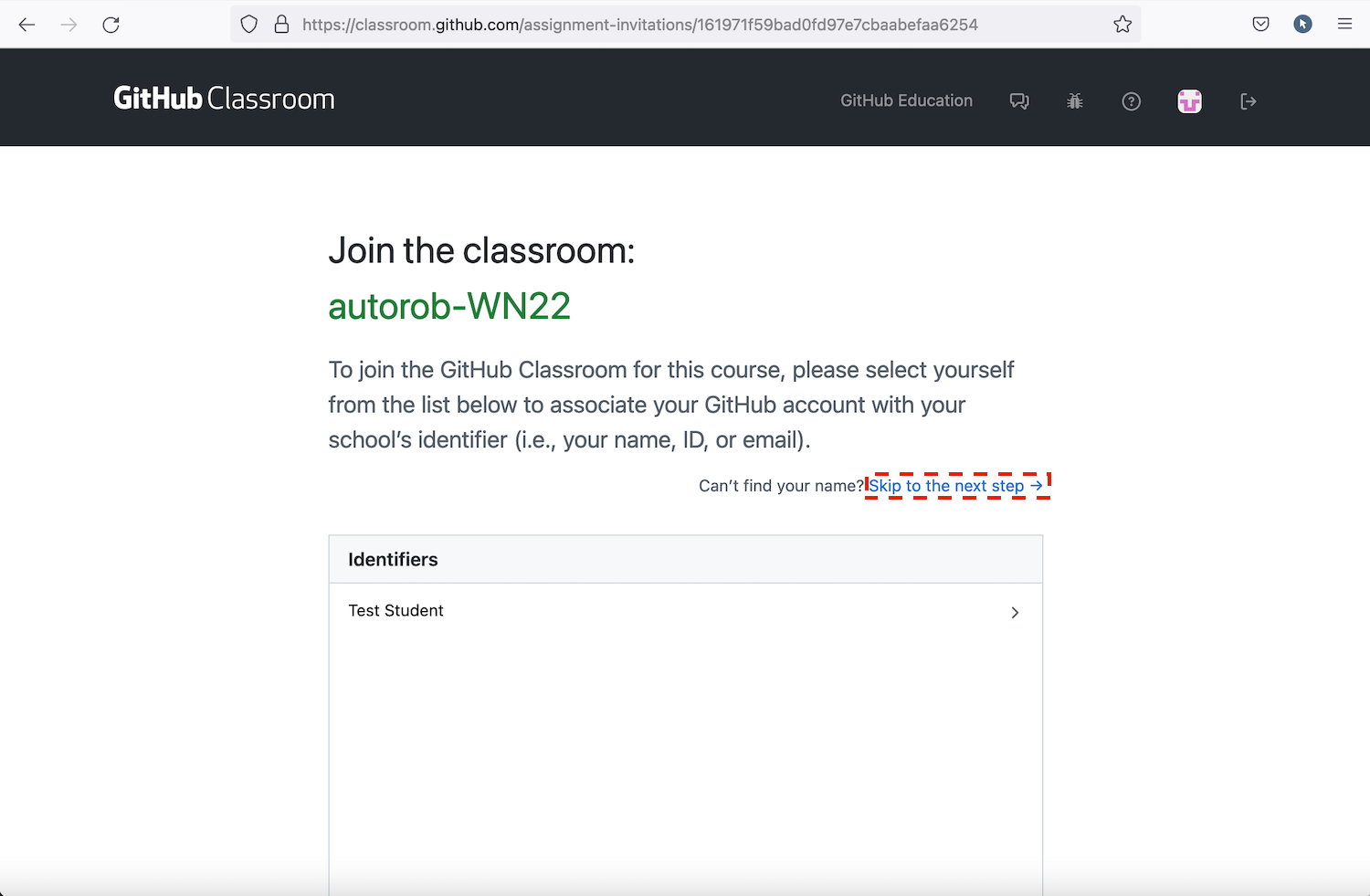 Screenshot of the GitHub Classroom assignment invitation page