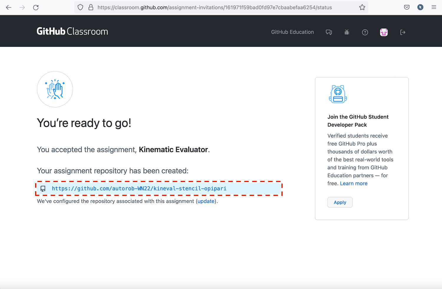Screenshot of the GitHub Classroom page after accepting an assignment invitation