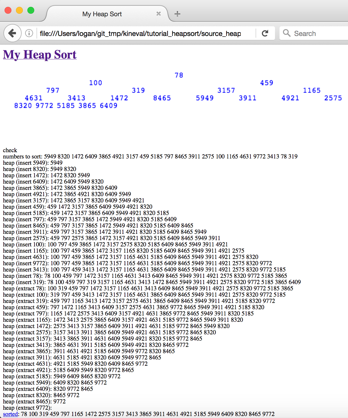 Heap sort visualization showing a correctly sorted sequence of randomly generated numbers