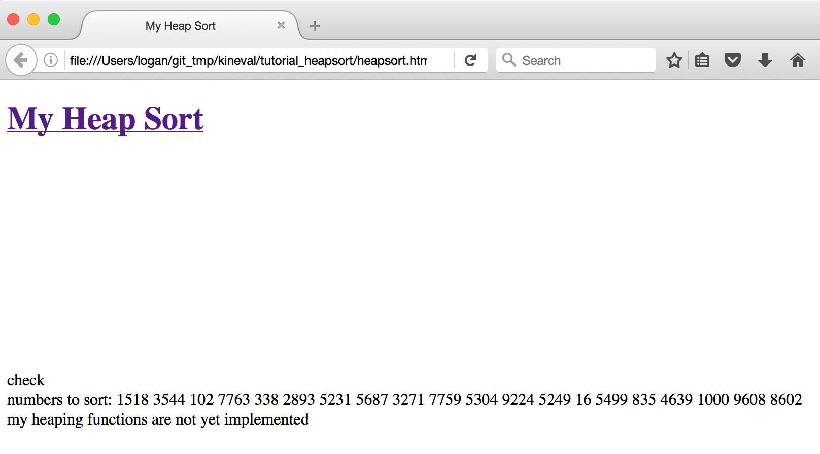 Heap sort visualization showing the incomplete stencil's initial, unsorted state