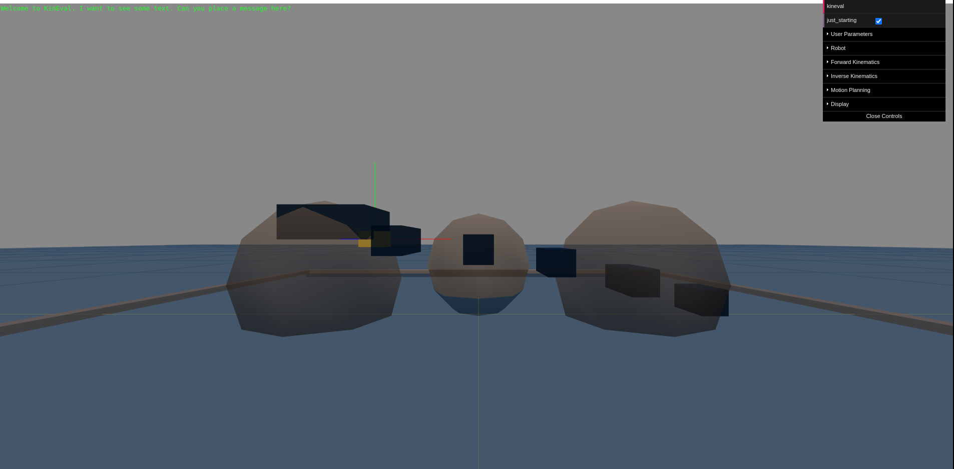KinEval starting-point mode showing the disconnected robot pieces before initialization code is completed